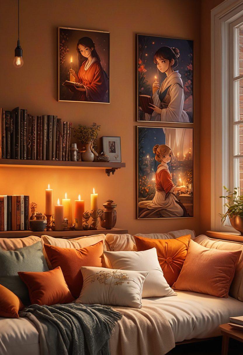 A captivating scene featuring a cozy, intimate room filled with plush cushions and softly glowing candles. Illustrate a large, intricately designed anime-style poster on the wall, showcasing enchanting characters in playful, flirtatious poses. Include subtle hints of adult themes through tasteful elegance, like exquisite fantasy art books on a shelf. The ambiance should be rich with warm colors, inviting the viewer into a personal and indulgent experience. digital art. warm colors. intimate setting.