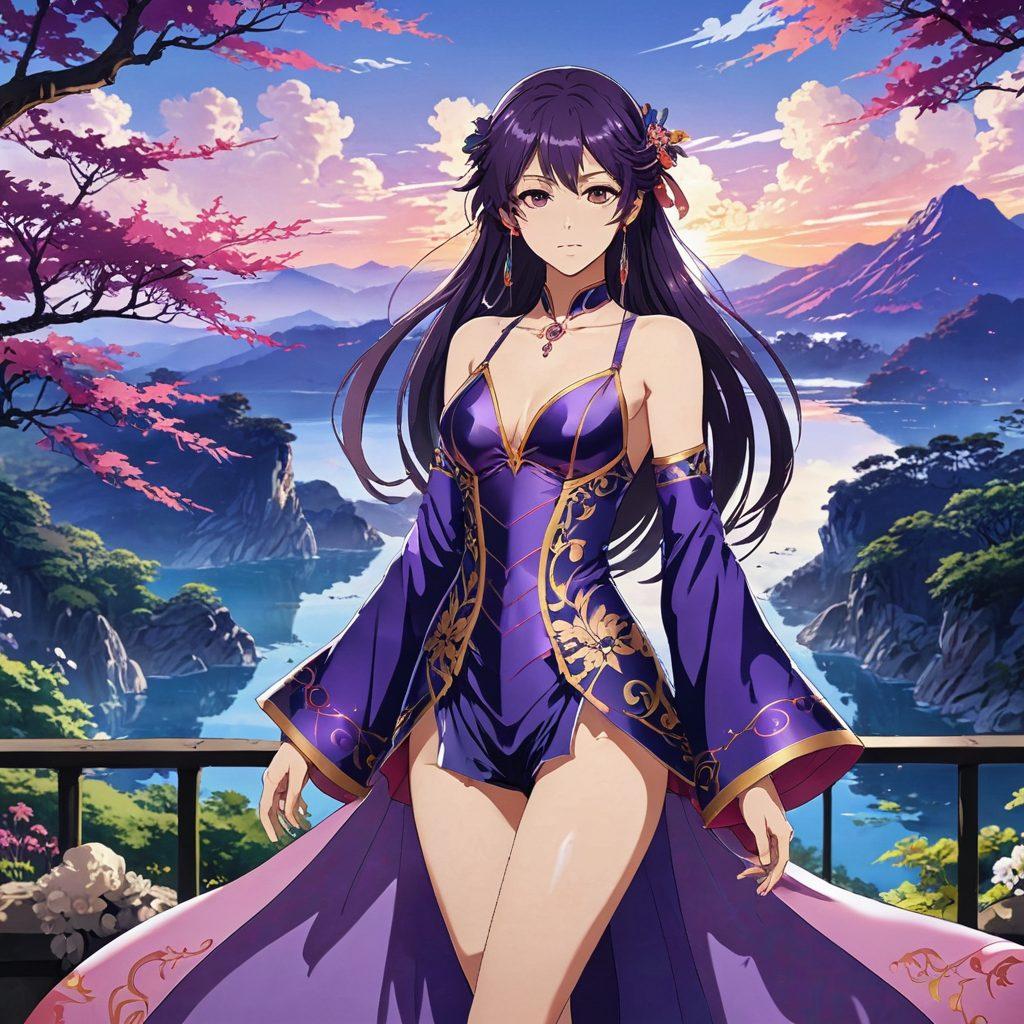 A mesmerizing scene featuring an artistically styled anime character with flowing hair, surrounded by sensuous hues of deep purples and pinks, symbolizing the allure of exclusivity in the world of premium hentai. In the background, soft silhouettes of erotic motifs and an enchanting landscape, creating an immersive atmosphere. The overall composition emanates a sense of curiosity and excitement, inviting viewers to explore further. anime art style. vibrant colors. dreamy background.