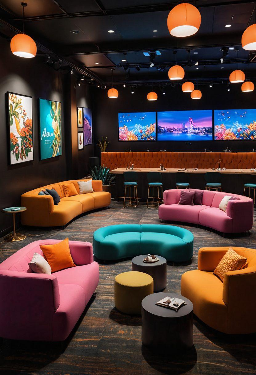 A vibrant and inviting digital lounge scene filled with diverse individuals enjoying adult animation on various screens, showcasing playful and elegant animations. Include plush seating, mood lighting, and soft textures to evoke sensuality and exclusivity. The environment should have a modern yet cozy vibe, with artful decorations celebrating creativity and freedom of expression. Illustrate a sense of community and connection among the attendees. 3D. vibrant colors. cozy ambiance.